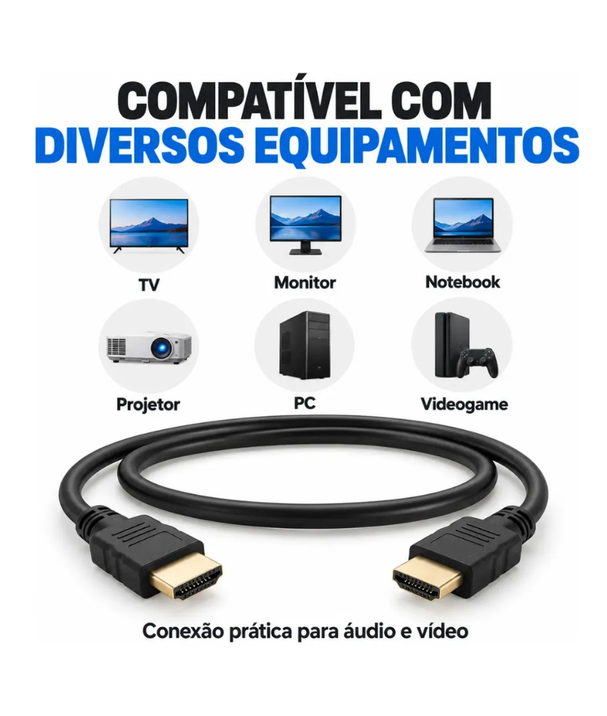 Cabo HDMI 1,80m para TV, Monitor, PC e Notebook