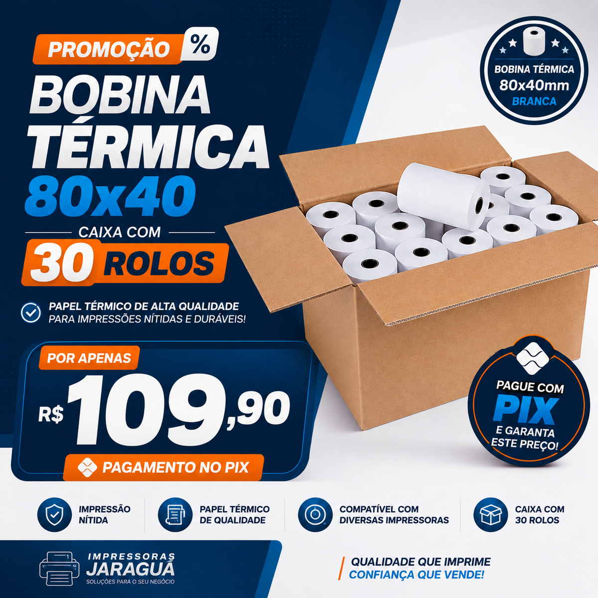 Caixa Com 30 Rolos De Bobinas Térmica 80x40 Branca