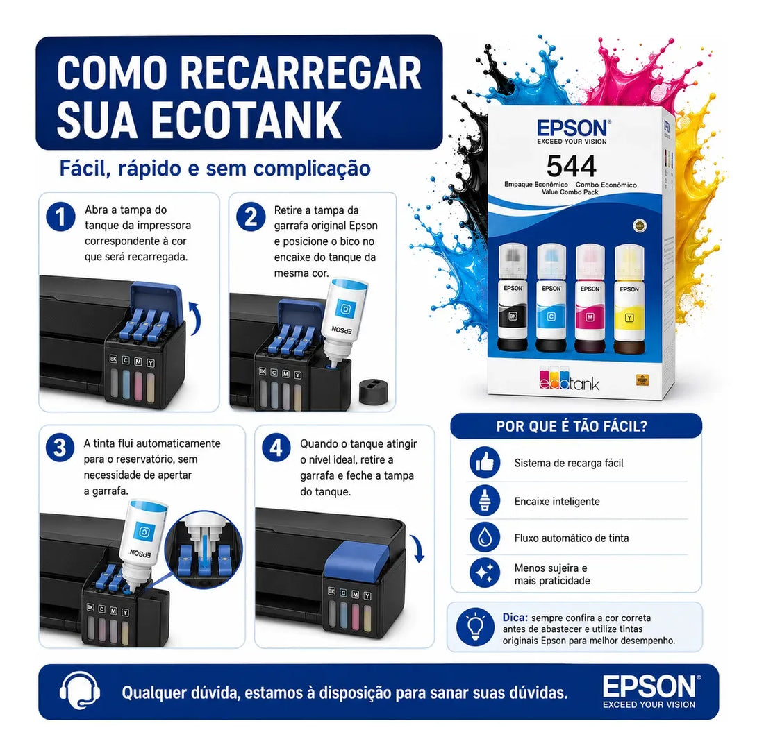 Kit Epson T544 Preto, Amarelo, Magenta, Ciano Tinta 4 Cores
