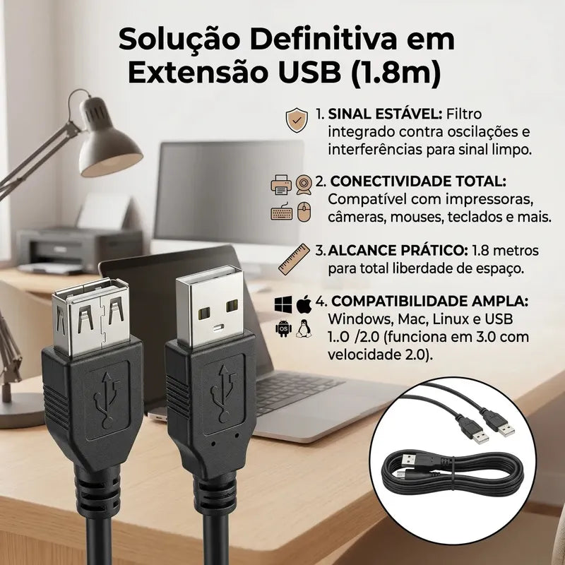 Cabo Extensor Usb 2.0 1.8m Com Filtro Dex Preto Macho Para Fêmea