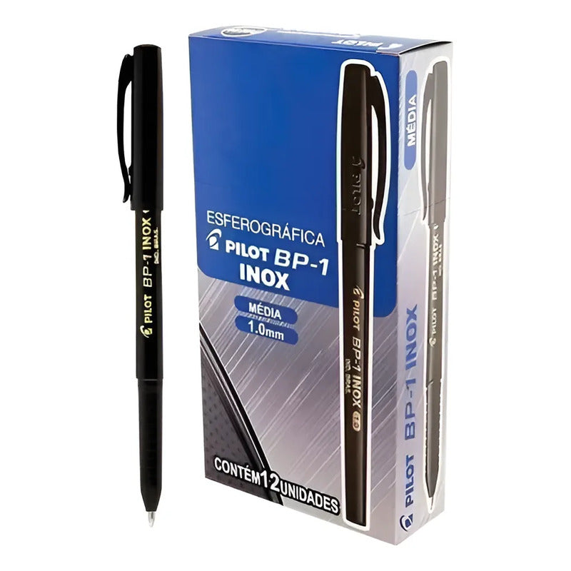 Caneta Esferográfica Pilot Bp-1 Inox 1.0mm Preto 12 Unidades Preto Preta
