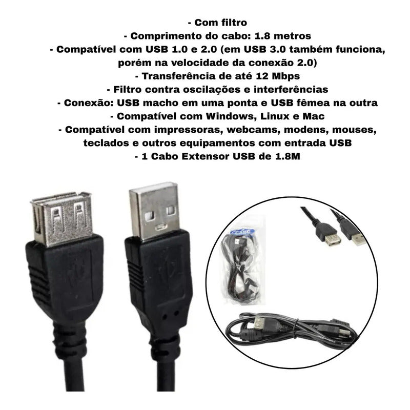 Cabo Extensor Usb 2.0 1.8m Com Filtro Dex Preto Macho Para Fêmea