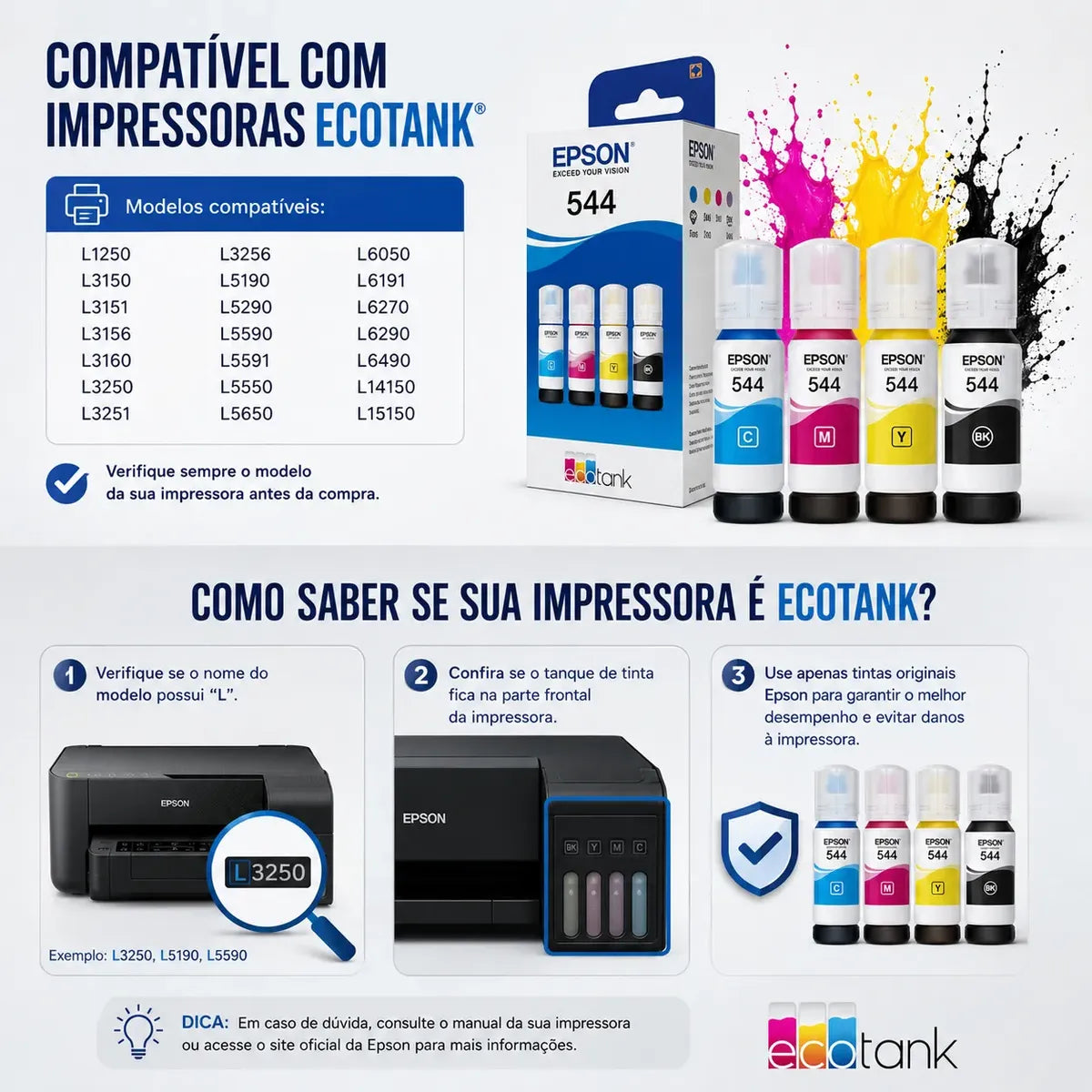 Kit Epson T544 Preto, Amarelo, Magenta, Ciano Tinta 4 Cores